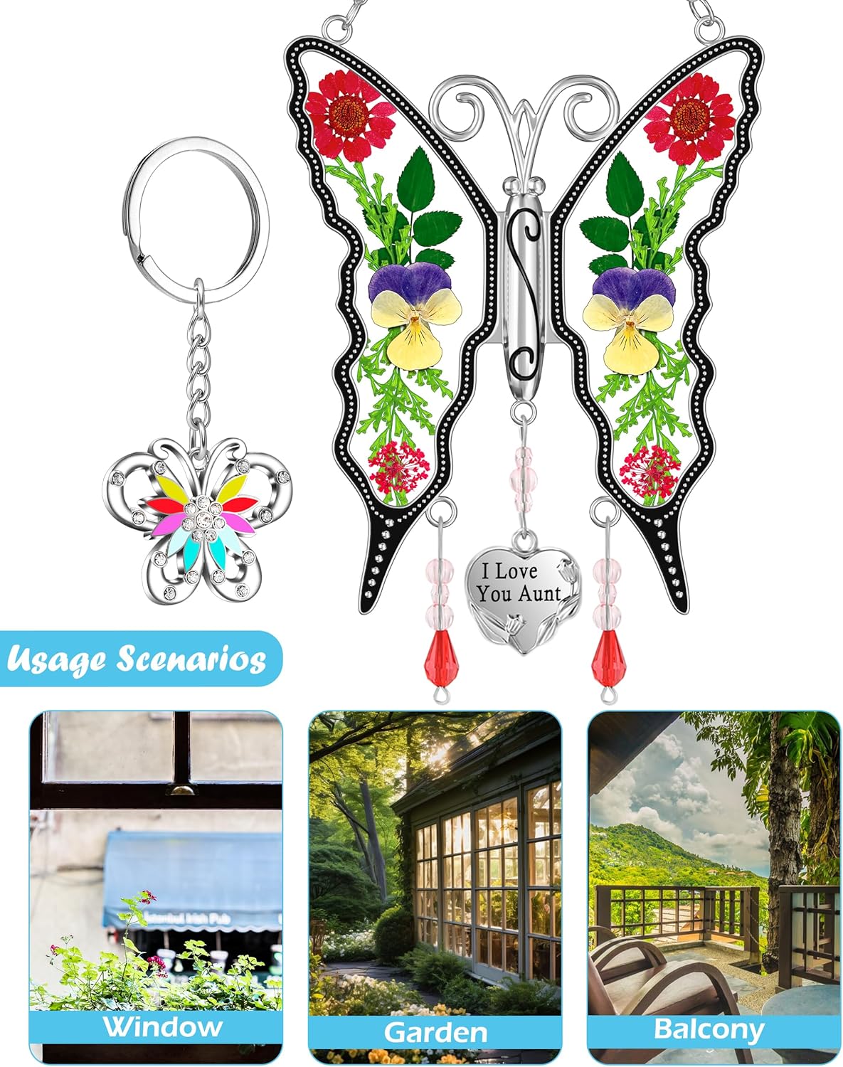 KY&BOSAM Gifts for Aunt Suncatcher Butterfly I Love You Aunt Gift Stained Glass Pressed Real Flower Between Wings for Windows Hanging Wind Chime Decor Birthday Gift for Women Mother`s Day Christmas