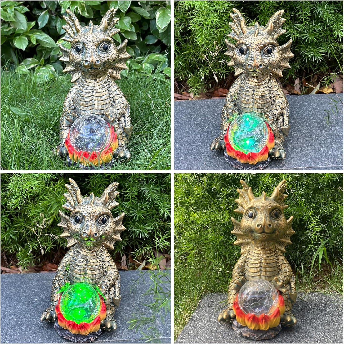 Solar Garden Statue Dragon Figurine with 7-Color Changing Solar Crackle Globe Lights- Loving Dragon for Patio,Balcony,Yard, Lawn-Unique Idea Gifts (Gray)