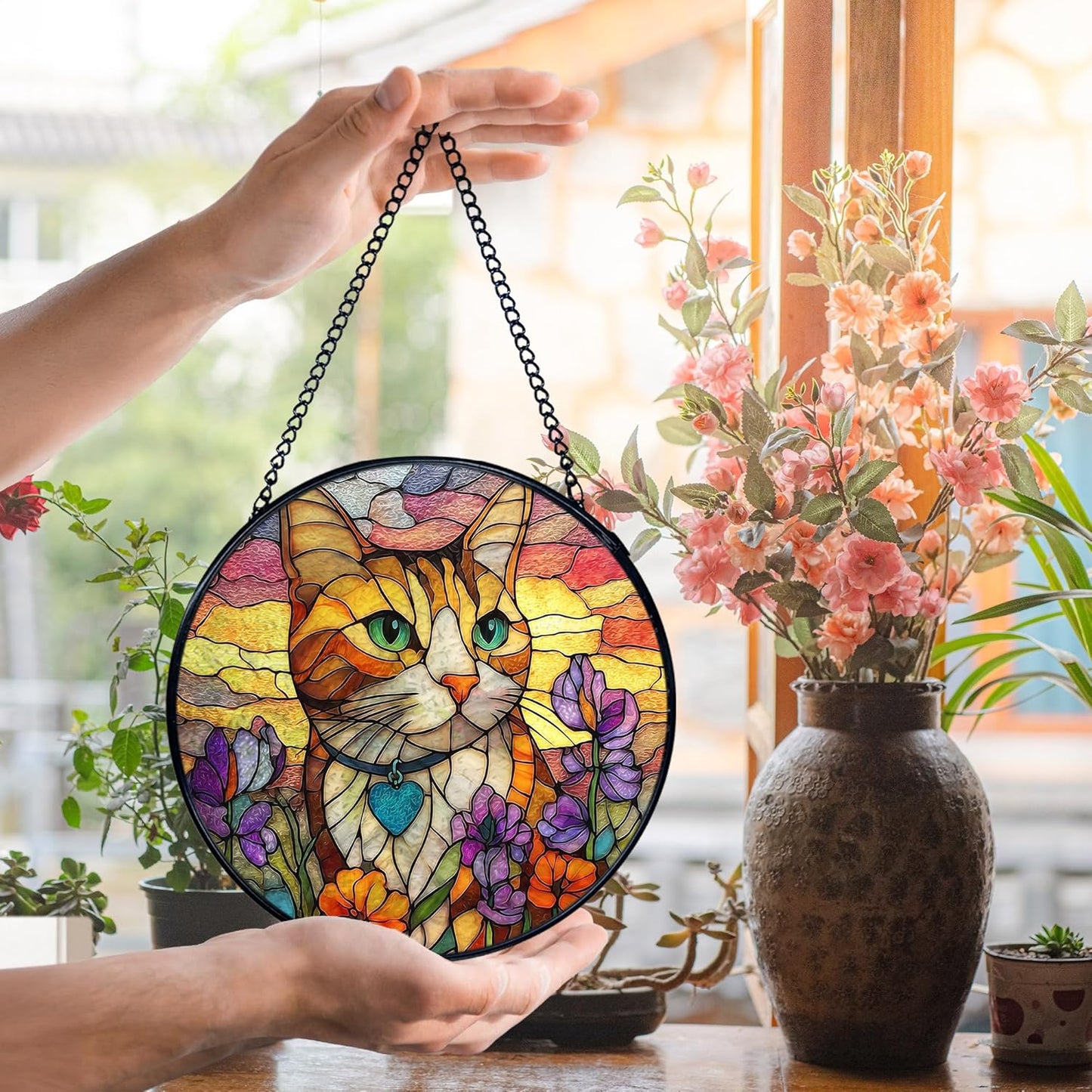 Cat Flower Suncatcher Stained Glass Window Hanging, Orange Cat Sun Catchers Indoor Window Glass Wall Art Decor, Kitten Floral Wall Hanging Decor Decorations, 7.9x7.9 Inch 033-MH-BLGH