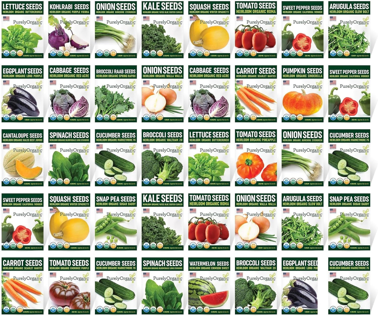 Purely Organic Vegetable Seed Variety Pack (40 Packets - Certified Organic, Non-GMO, Open Pollinated, Heirloom)
