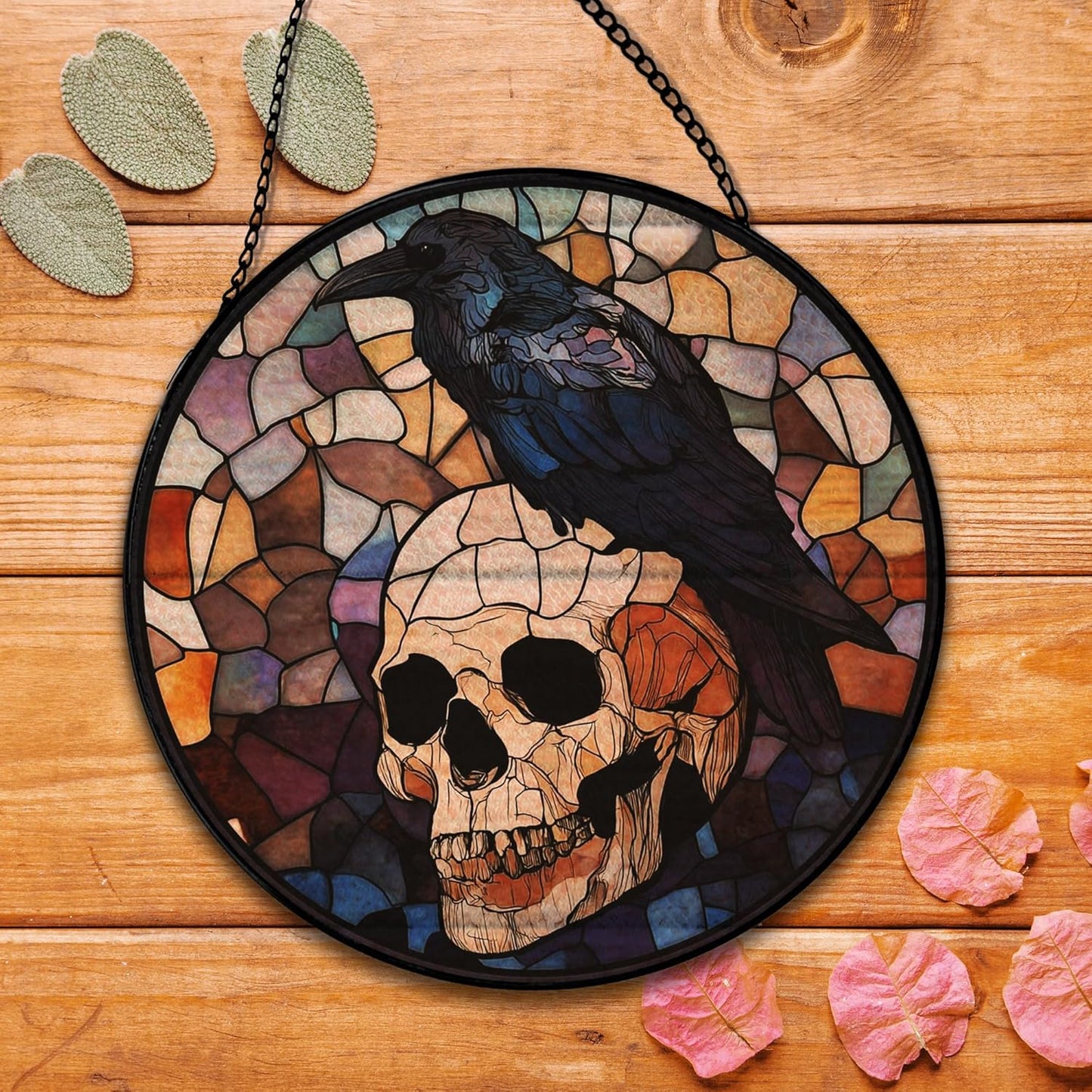 Black Raven Halloween Suncatcher Stained Glass Window Hanging, Gothic Skull Black Crow Sun Catchers Indoor Window Glass Round Wall Decor, Halloween Raven Wall Art Hanging Decorations, "7.8x7.8"