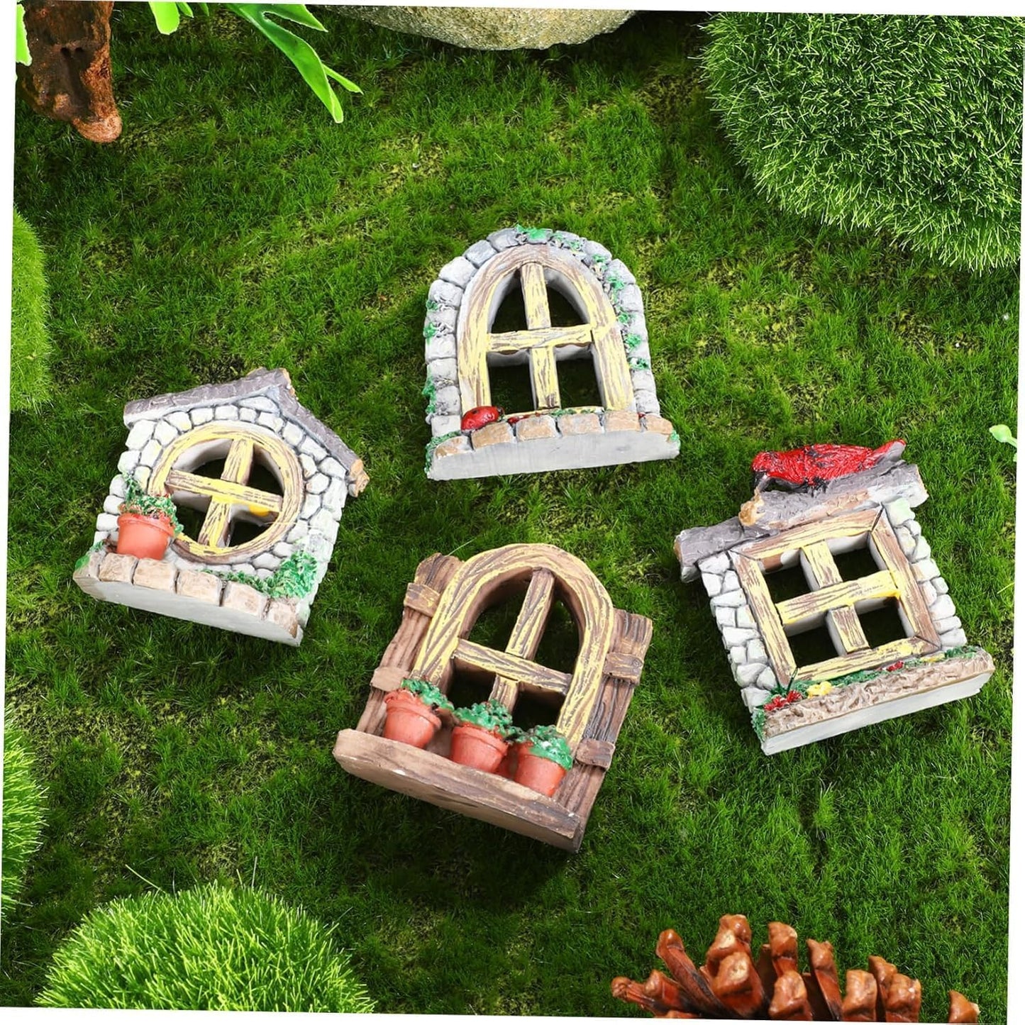 DOITOOL Resin Sculpture, 2 PCS Fairy Garden Door Accessories Miniature Window for Tree, Green with Pink Flower, Indoor/Outdoor Use, Gnome Themed Gift