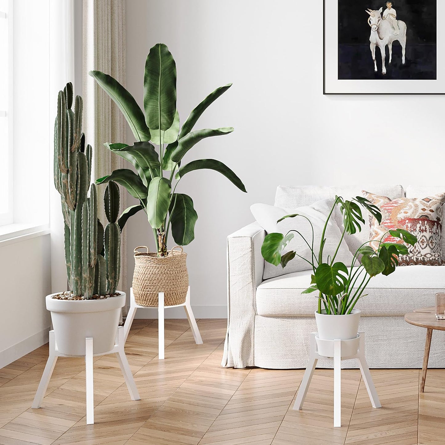 Adjustable Plant Stands Set of 2, Metal Modern Small Plant Holder, Heavy Duty Stable Flower Holder Stand Rack for 10-16 Inch Indoor Outdoor Corner Living Room Balcony Office White PS-007WH-2