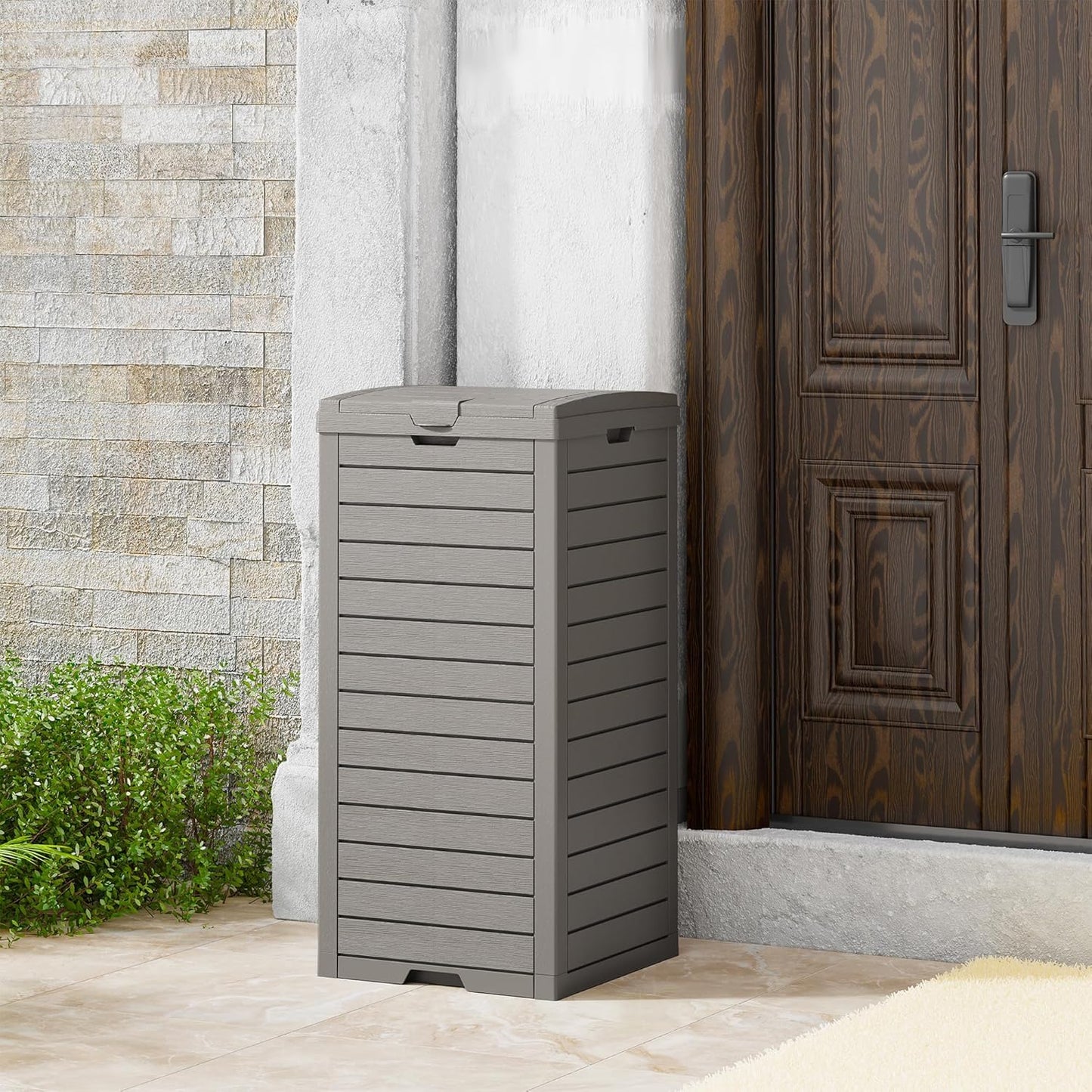 31 Gallon Outdoor Trash Can, Waterproof Resin Garbage Can with Lid and Drip Tray Easy Cleaning Kitchen Waste Bin Patio Waste Bin for Garden, Backyard, Deck and Office, Gray