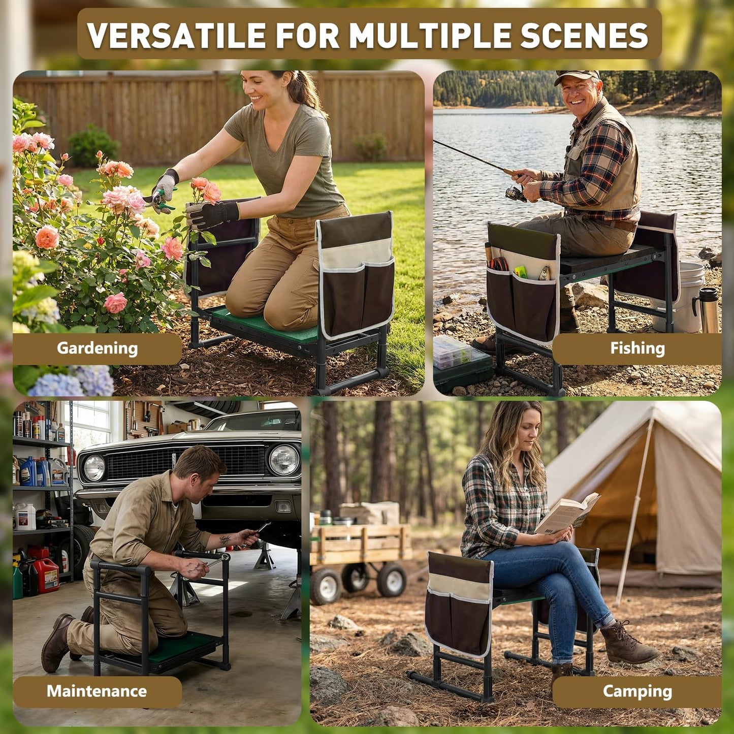 Heavy Duty Garden Kneeler and Seat for Seniors – Anti-Tip Folding Gardening Stool with Thick EVA Kneeling Pad, Extendable Support Legs & Sturdy Handles for Gardening, Black