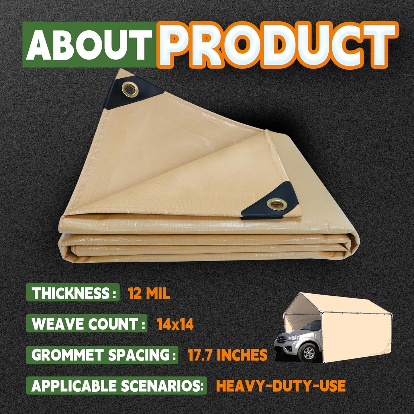 RAINDEWAY 10x20 Feet Heavy Duty Tarp,12 Mil Tan Waterproof Poly Tarp Cover,UV Resistant,Weatherproof,Durable,Multipurpose Tarps with Grommets and Reinforced Edges