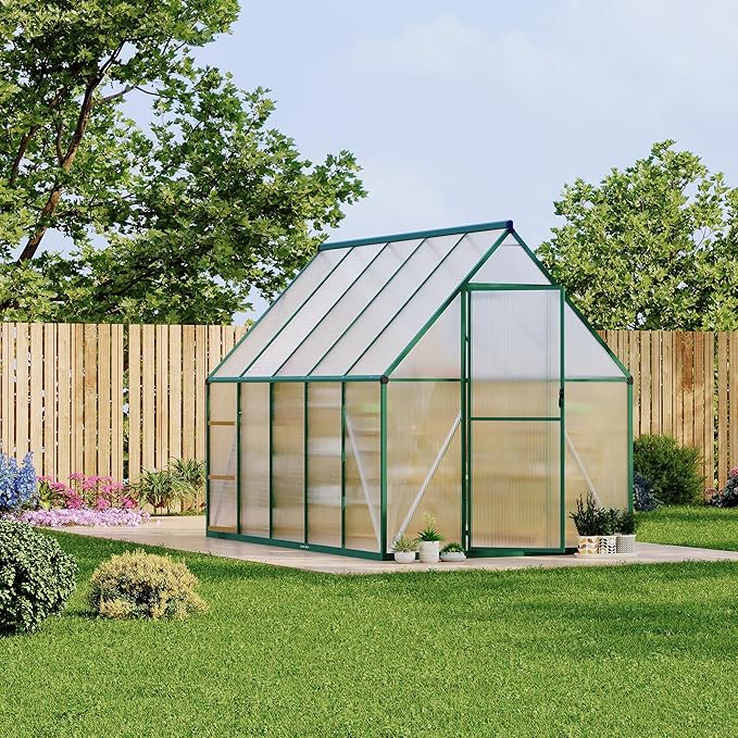 6'X9' Aluminum-Framed Polycarbonate Greenhouse, Heavy Duty Polycarbonate Greenhouse with Quick Setup Structure and Roof Vent, Large Enhanced Aluminum Greenhouses Kit for Outdoors