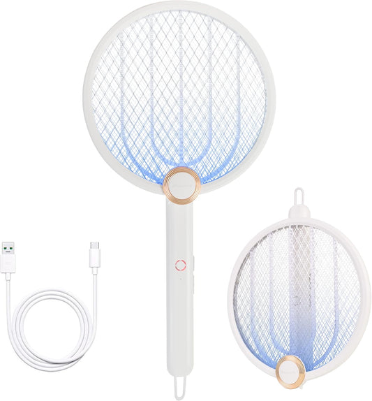 ASPECTEK Electric Fly Swatter 3000V Rechargeable Bug Zapper | Foldable Mosquito Racket with USB Charging for Indoor & Outdoor Use - White