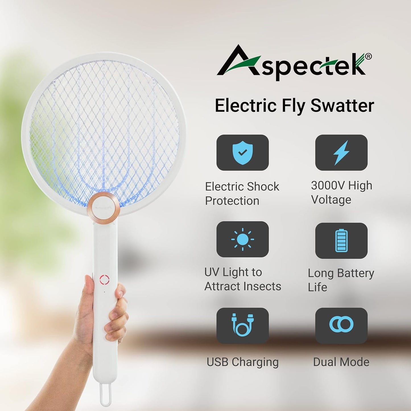 ASPECTEK Electric Fly Swatter 3000V Rechargeable Bug Zapper | Foldable Mosquito Racket with USB Charging for Indoor & Outdoor Use - White