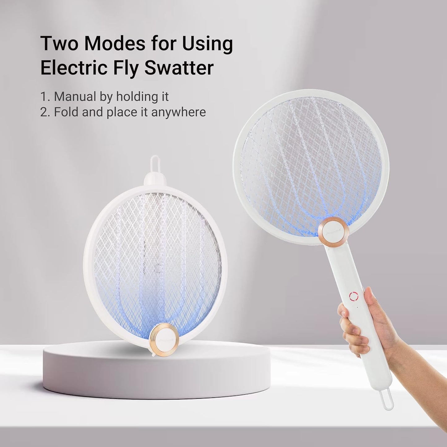 ASPECTEK Electric Fly Swatter 3000V Rechargeable Bug Zapper | Foldable Mosquito Racket with USB Charging for Indoor & Outdoor Use - White