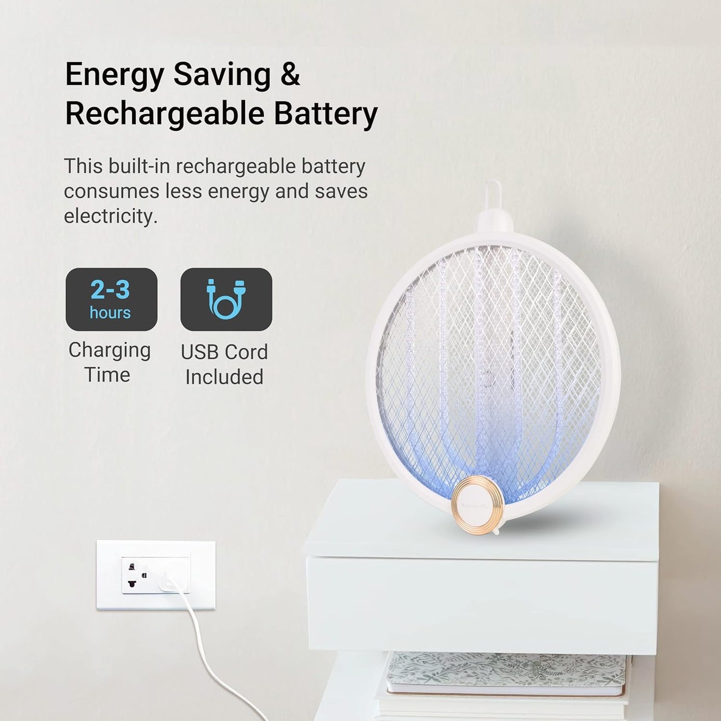 ASPECTEK Electric Fly Swatter 3000V Rechargeable Bug Zapper | Foldable Mosquito Racket with USB Charging for Indoor & Outdoor Use - White