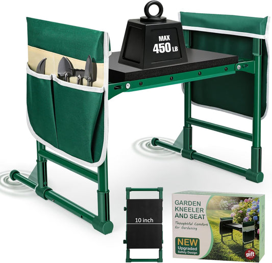 Heavy Duty Garden Kneeler and Seat for Seniors – Anti-Tip Folding Gardening Stool with Thick EVA Kneeling Pad, Extendable Support Legs & Sturdy Handles for Gardening, Green