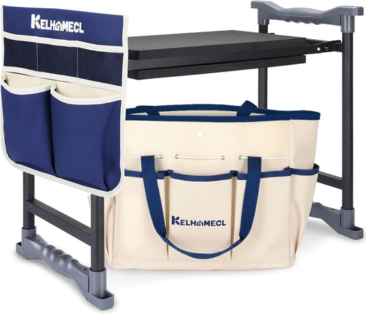 Garden Kneeler and Seat with Extra Wide Thick EVA Pad – Heavy Duty Foldable Gardening Bench Stool with Tool Pouches, Ergonomic Kneeling Seat for Seniors, Women & Men, Beige & Blue