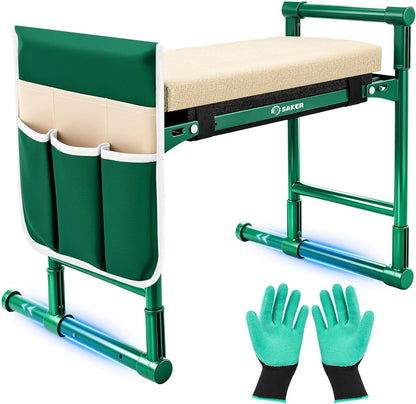Saker Garden Kneeler and Seat – 500LB Heavy Duty Foldable Gardening Stool with Soft Kneeling Pad, Side Handles & Tool Pouches for Seniors and Gardeners, Green