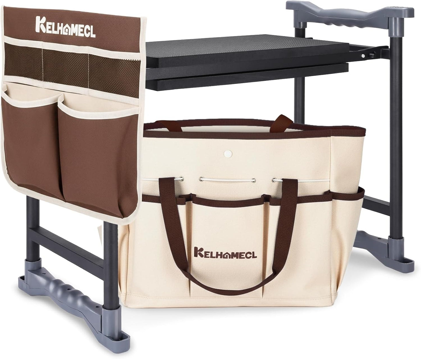 Garden Kneeler and Seat with Extra Wide Thick EVA Pad – Heavy Duty Foldable Gardening Bench Stool with Tool Pouches, Ergonomic Kneeling Seat for Seniors, Women & Men, Beige & Coffee Brown
