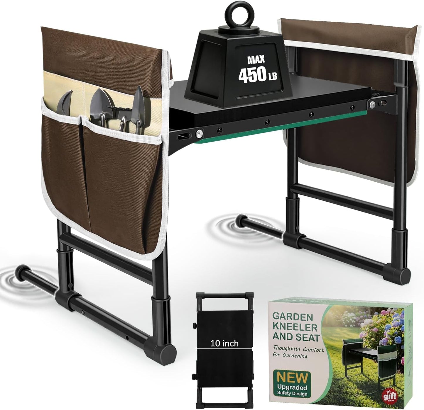 Heavy Duty Garden Kneeler and Seat for Seniors – Anti-Tip Folding Gardening Stool with Thick EVA Kneeling Pad, Extendable Support Legs & Sturdy Handles for Gardening, Black