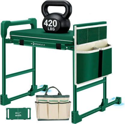 GardenGlow Heavy Duty Garden Kneeler and Seat for Seniors, Foldable Gardening Stool Bench with Thick Soft Kneeling Pad, Anti-Tip Design, Tool Bag & 420LB Support, Green