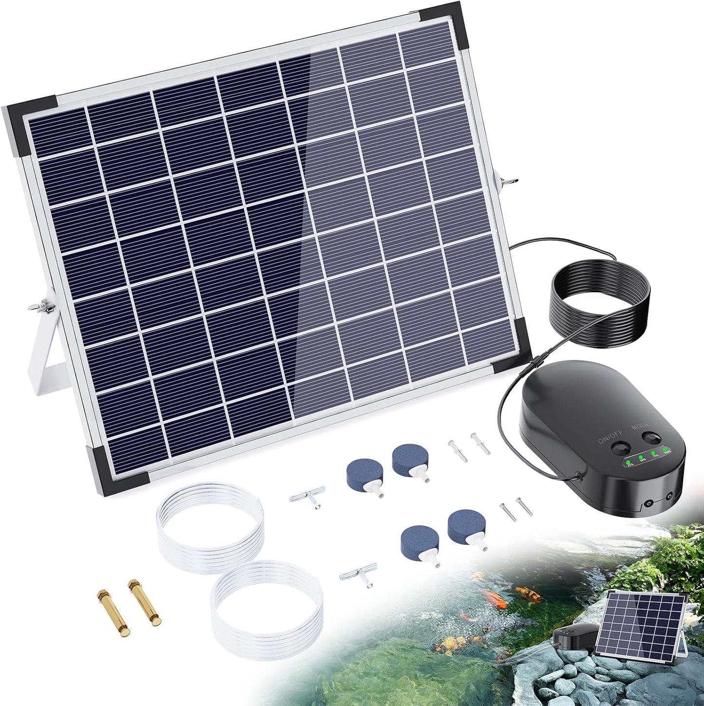 15W Solar Pond Aerator with 4400mAh Battery, Solar Air Pump with 2 Outlets, 3 Modes, Low Noise Oxygen Pump for Fish Pond, Aquarium & Hydroponics