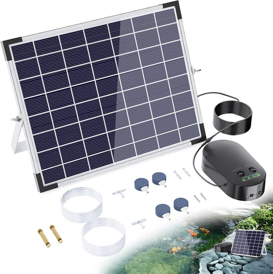15W Solar Pond Aerator with 4400mAh Battery, Solar Air Pump with 2 Outlets, 3 Modes, Low Noise Oxygen Pump for Fish Pond, Aquarium & Hydroponics
