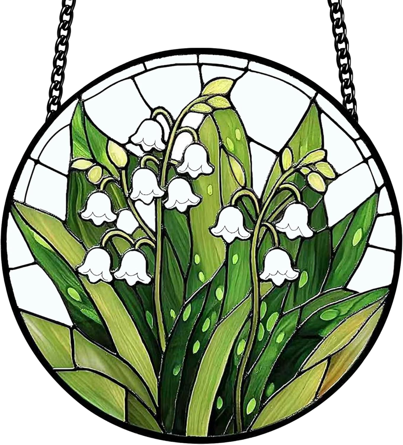 Stained Glass Lily of the Valley Suncatcher – Floral Window Hanging Decor with Chain, Green Glass Panel for Home, Garden & Meaningful Gift