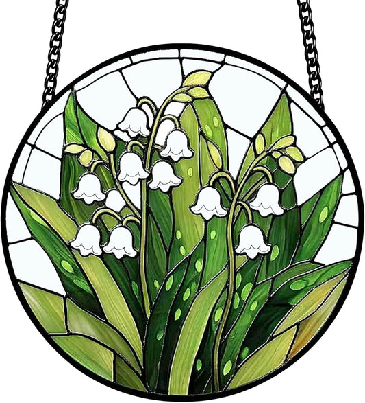 Stained Glass Lily of the Valley Suncatcher – Floral Window Hanging Decor with Chain, Green Glass