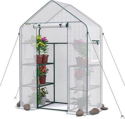 Walk-in Greenhouse 56”x29”x77” – 3-Tier 4 Shelves, Heavy Duty PE Cover, Roll-Up Door & Mesh Windows, Portable Indoor Outdoor Plant Greenhouse for Backyard Patio Balcony