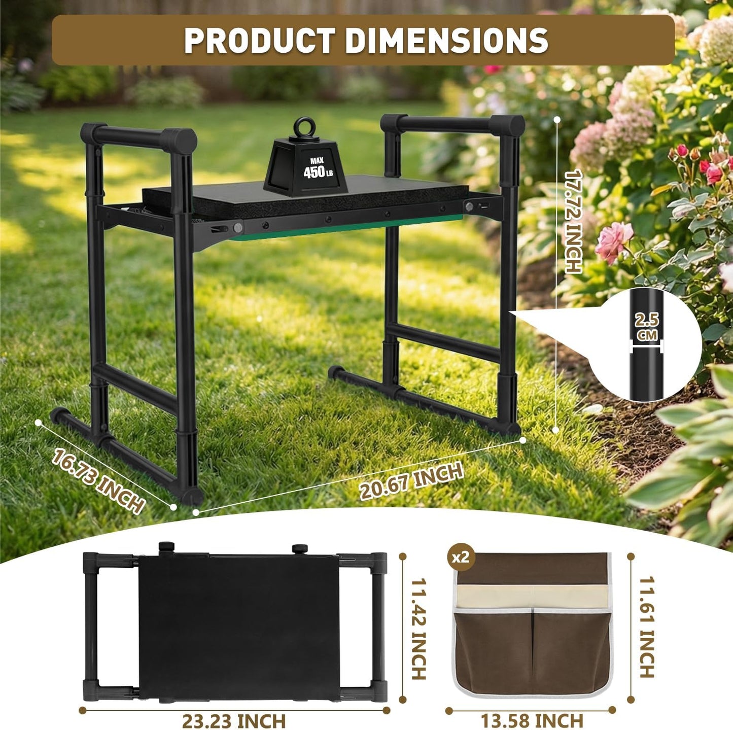 Heavy Duty Garden Kneeler and Seat for Seniors – Anti-Tip Folding Gardening Stool with Thick EVA Kneeling Pad, Extendable Support Legs & Sturdy Handles for Gardening, Black