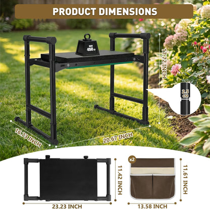 Heavy Duty Garden Kneeler and Seat for Seniors – Anti-Tip Folding Gardening Stool with Thick EVA Kneeling Pad, Extendable Support Legs & Sturdy Handles for Gardening, Black