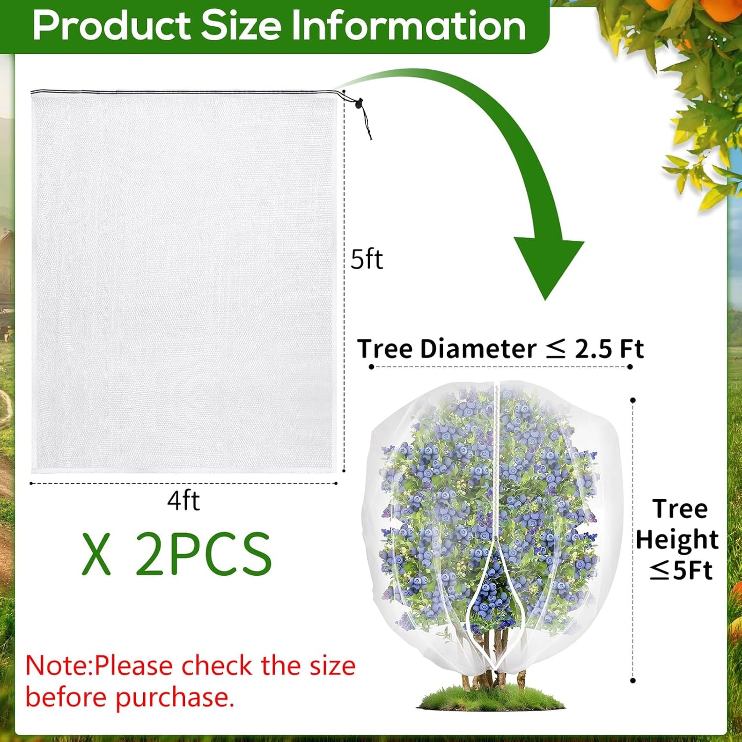 2 Pack Fruit Tree Netting Covers with Zipper & Drawstring – Ultra Fine Mesh Plant Protection Bags for Birds, Deer, Bugs & Garden Pests, 4 x 5 FT