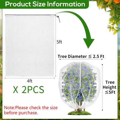 2 Pack Fruit Tree Netting Covers with Zipper & Drawstring – Ultra Fine Mesh Plant Protection Bags for Birds, Deer, Bugs & Garden Pests, 4 x 5 FT