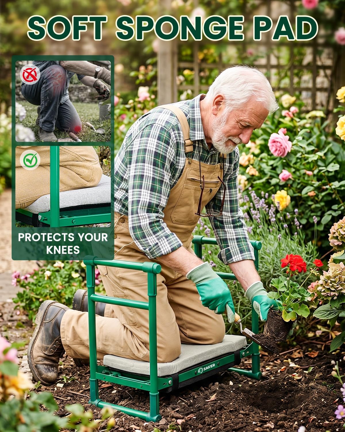 Saker Garden Kneeler and Seat – 500LB Heavy Duty Foldable Gardening Stool with Soft Kneeling Pad, Side Handles & Tool Pouches for Seniors and Gardeners, Green