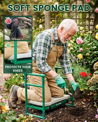 Saker Garden Kneeler and Seat – 500LB Heavy Duty Foldable Gardening Stool with Soft Kneeling Pad, Side Handles & Tool Pouches for Seniors and Gardeners, Green