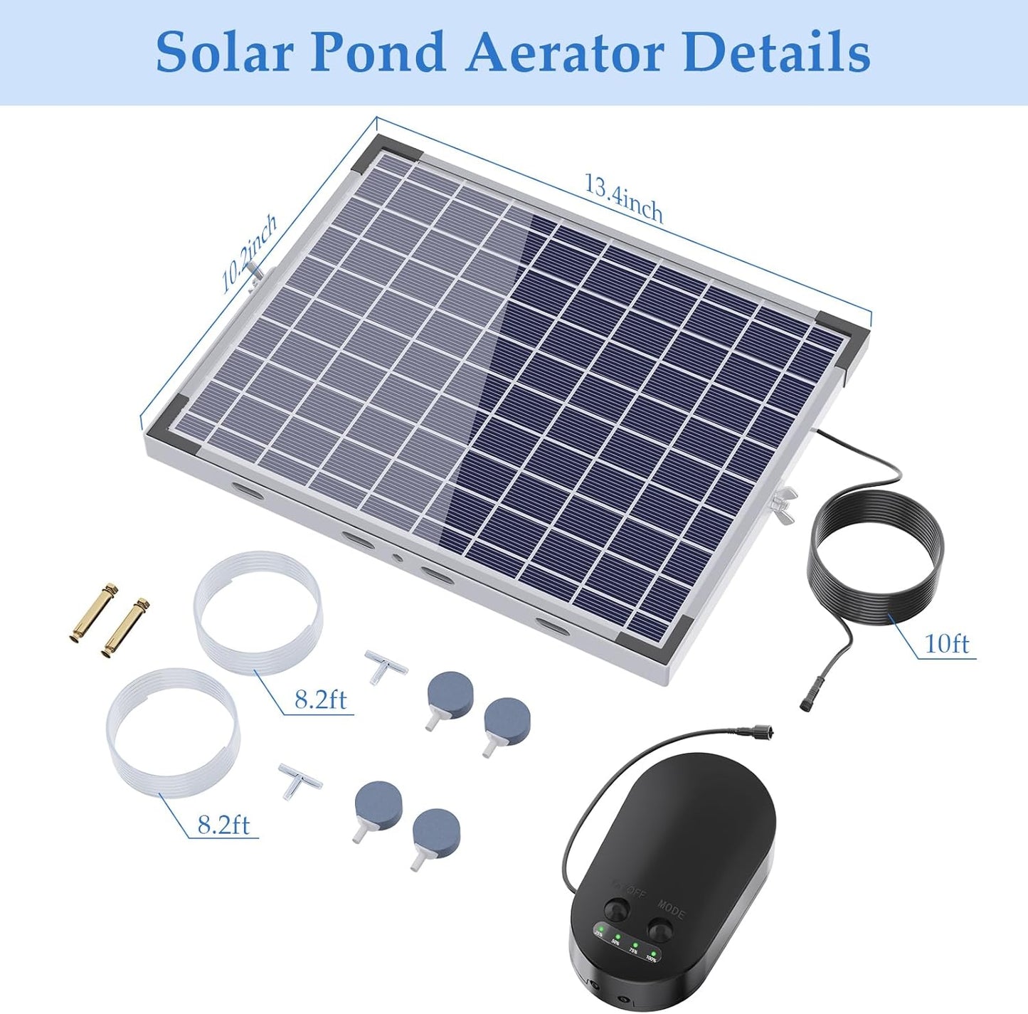 15W Solar Pond Aerator with 4400mAh Battery, Solar Air Pump with 2 Outlets, 3 Modes, Low Noise Oxygen Pump for Fish Pond, Aquarium & Hydroponics