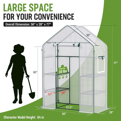 Walk-in Greenhouse 56”x29”x77” – 3-Tier 4 Shelves, Heavy Duty PE Cover, Roll-Up Door & Mesh Windows, Portable Indoor Outdoor Plant Greenhouse for Backyard Patio Balcony