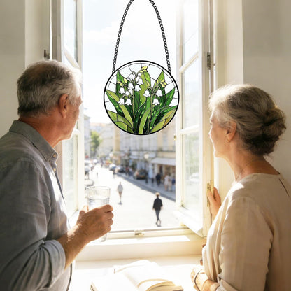 Stained Glass Lily of the Valley Suncatcher – Floral Window Hanging Decor with Chain, Green Glass Panel for Home, Garden & Meaningful Gift