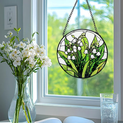 Lily of the Valley Stained Glass Suncatcher – Diamond Glass Window Hanging Decor with Chain for Home, Garden & Balcony
