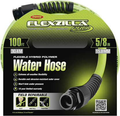 Flexzilla Pro 100FT Garden Water Hose – Heavy Duty Flexible Hybrid Polymer Hose with Reusable Leak-Free Fittings, Kink Resistant, Lightweight All-Weather Outdoor Hose, ZillaGreen