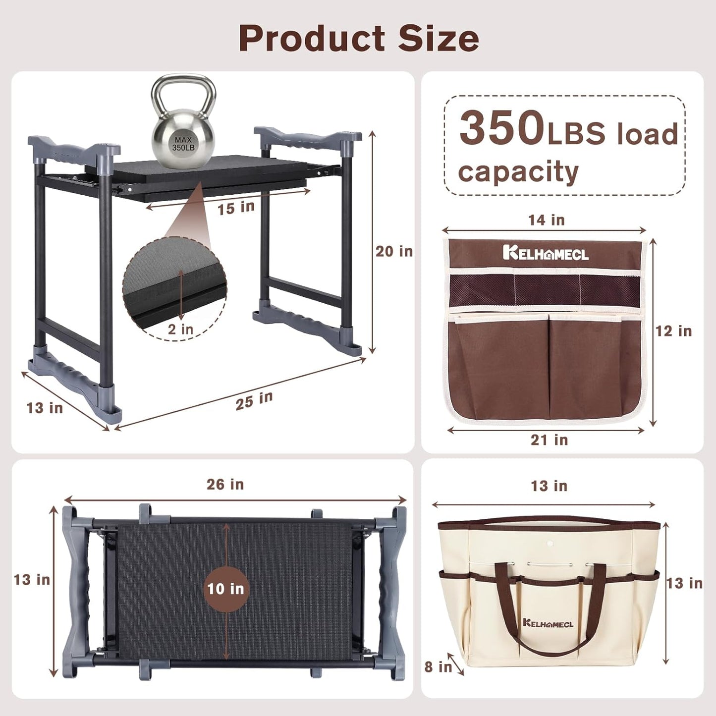 Garden Kneeler and Seat with Extra Wide Thick EVA Pad – Heavy Duty Foldable Gardening Bench Stool with Tool Pouches, Ergonomic Kneeling Seat for Seniors, Women & Men, Beige & Coffee Brown