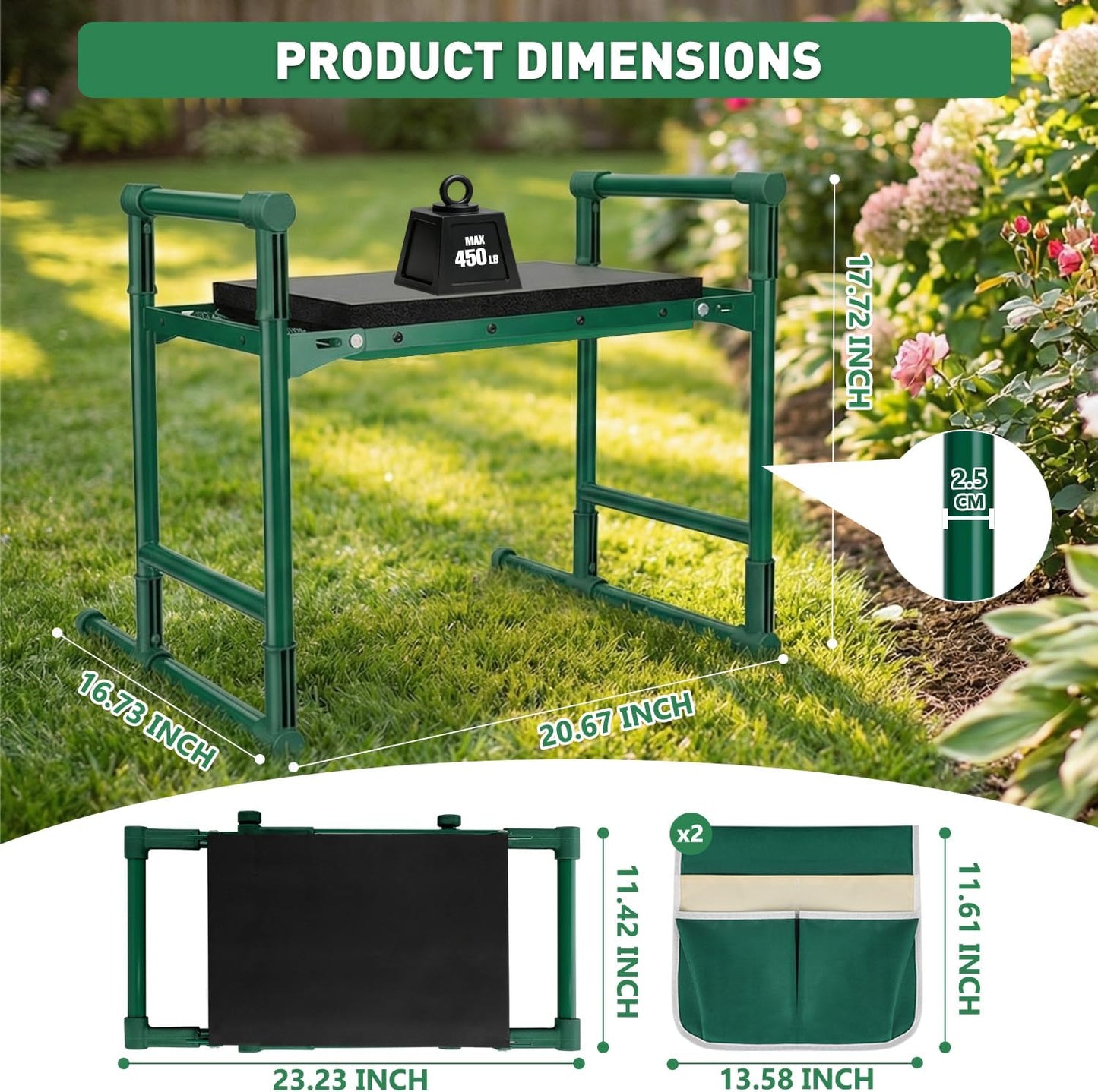 Heavy Duty Garden Kneeler and Seat for Seniors – Anti-Tip Folding Gardening Stool with Thick EVA Kneeling Pad, Extendable Support Legs & Sturdy Handles for Gardening, Green