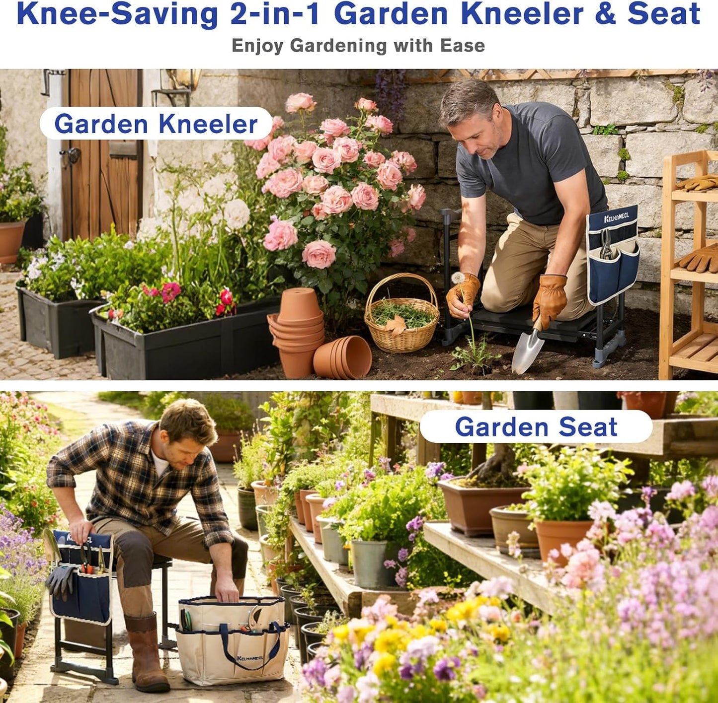 Garden Kneeler and Seat with Extra Wide Thick EVA Pad – Heavy Duty Foldable Gardening Bench Stool with Tool Pouches, Ergonomic Kneeling Seat for Seniors, Women & Men, Beige & Blue