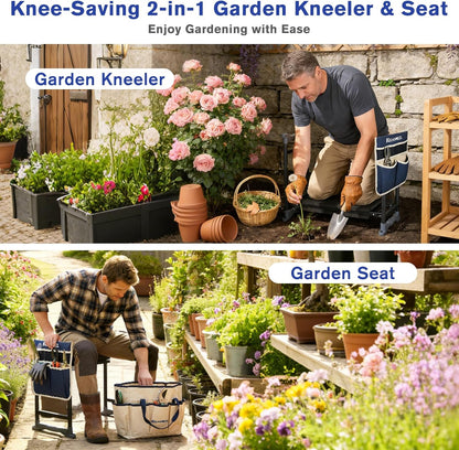 Garden Kneeler and Seat with Extra Wide Thick EVA Pad – Heavy Duty Foldable Gardening Bench Stool with Tool Pouches, Ergonomic Kneeling Seat for Seniors, Women & Men, Beige & Blue