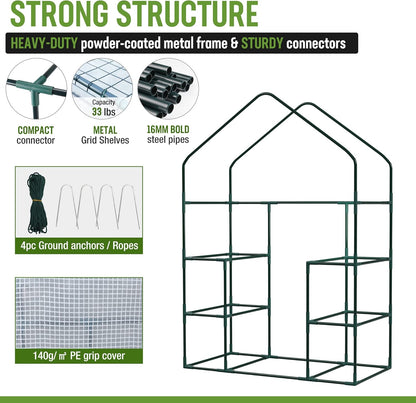 Walk-in Greenhouse 56”x29”x77” – 3-Tier 4 Shelves, Heavy Duty PE Cover, Roll-Up Door & Mesh Windows, Portable Indoor Outdoor Plant Greenhouse for Backyard Patio Balcony