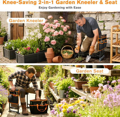 Garden Kneeler and Seat with Extra Wide Thick EVA Pad – Heavy Duty Foldable Gardening Bench Stool with Tool Pouches, Ergonomic Kneeling Seat for Seniors, Women & Men, Black & Orange