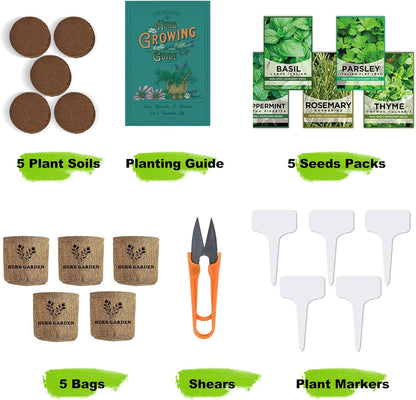 Indoor Herb Garden Kit – Complete Starter Growing Set with Planter Bags, Soil Discs & Tools | Easy DIY Kitchen Herb Garden for Beginners | Perfect Gift for Home & Garden Lovers