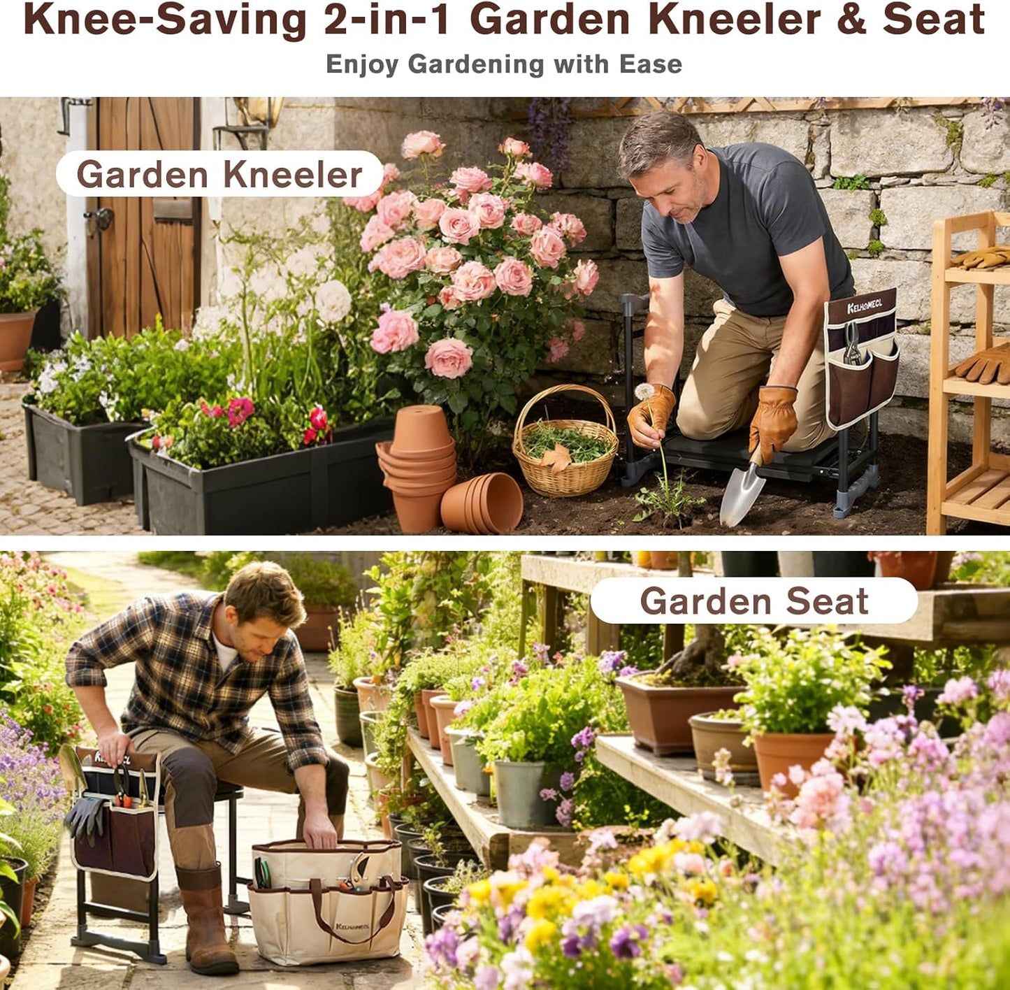 Garden Kneeler and Seat with Extra Wide Thick EVA Pad – Heavy Duty Foldable Gardening Bench Stool with Tool Pouches, Ergonomic Kneeling Seat for Seniors, Women & Men, Beige & Coffee Brown