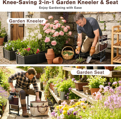 Garden Kneeler and Seat with Extra Wide Thick EVA Pad – Heavy Duty Foldable Gardening Bench Stool with Tool Pouches, Ergonomic Kneeling Seat for Seniors, Women & Men, Beige & Coffee Brown