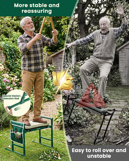 Saker Garden Kneeler and Seat – 500LB Heavy Duty Foldable Gardening Stool with Soft Kneeling Pad, Side Handles & Tool Pouches for Seniors and Gardeners, Green