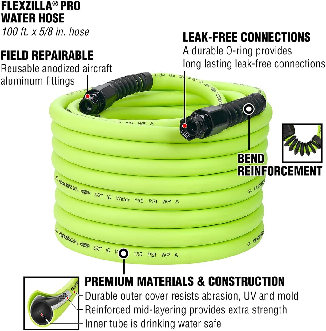 Flexzilla Pro 100FT Garden Water Hose – Heavy Duty Flexible Hybrid Polymer Hose with Reusable Leak-Free Fittings, Kink Resistant, Lightweight All-Weather Outdoor Hose, ZillaGreen