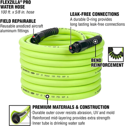 Flexzilla Pro 100FT Garden Water Hose – Heavy Duty Flexible Hybrid Polymer Hose with Reusable Leak-Free Fittings, Kink Resistant, Lightweight All-Weather Outdoor Hose, ZillaGreen