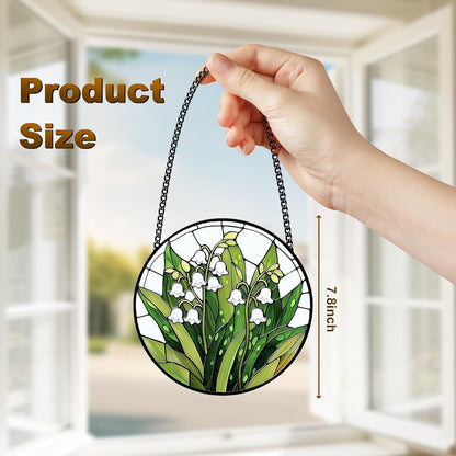 Stained Glass Lily of the Valley Suncatcher – Floral Window Hanging Decor with Chain, Green Glass Panel for Home, Garden & Meaningful Gift